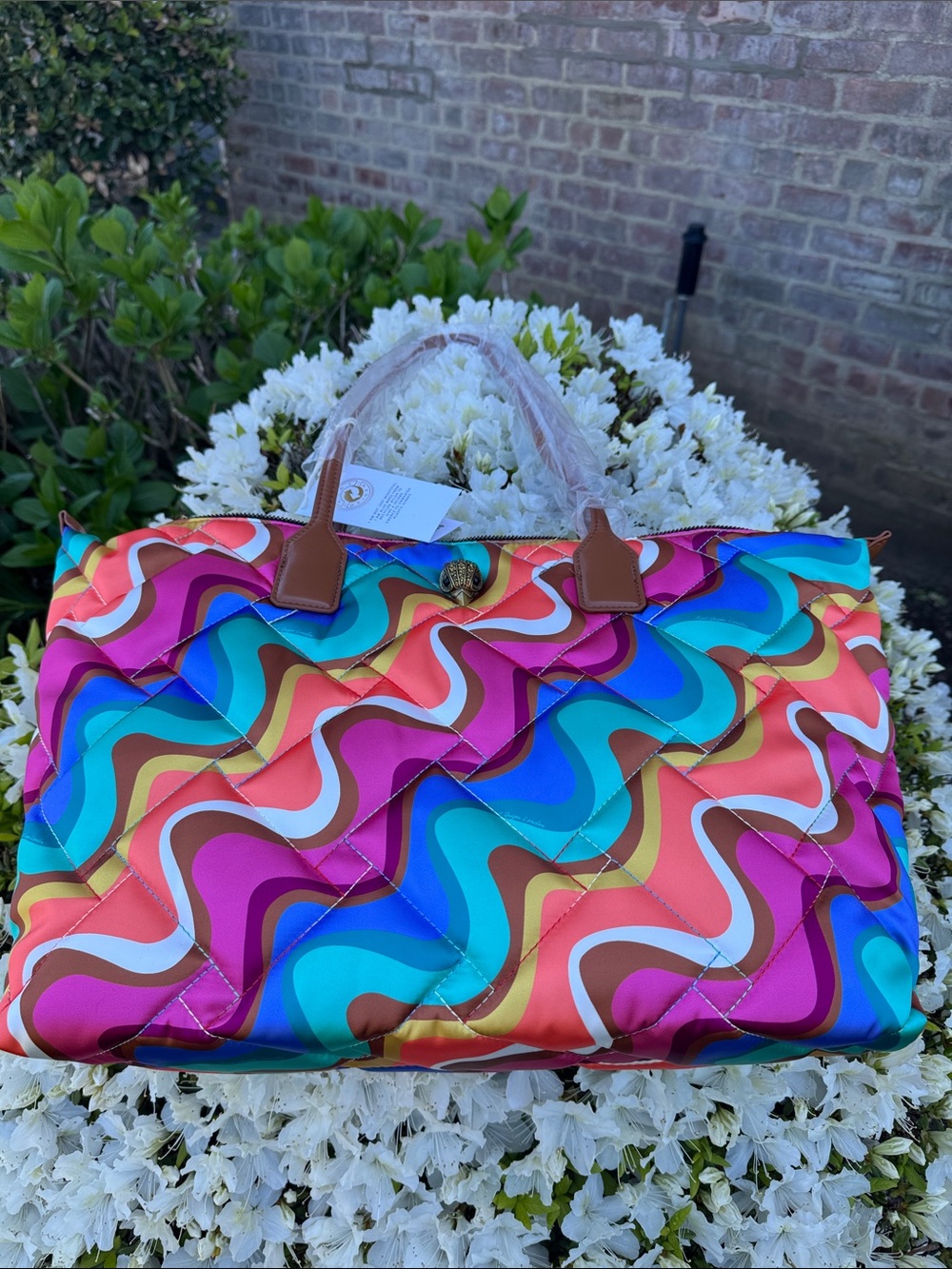 Kurt Geiger Colorful Wave Pattern Quilted Tote with Brown Handles Recycled nylon